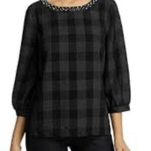 Karl Lagerfeld Paris Black & Grey Plaid top with Pearl Detailing